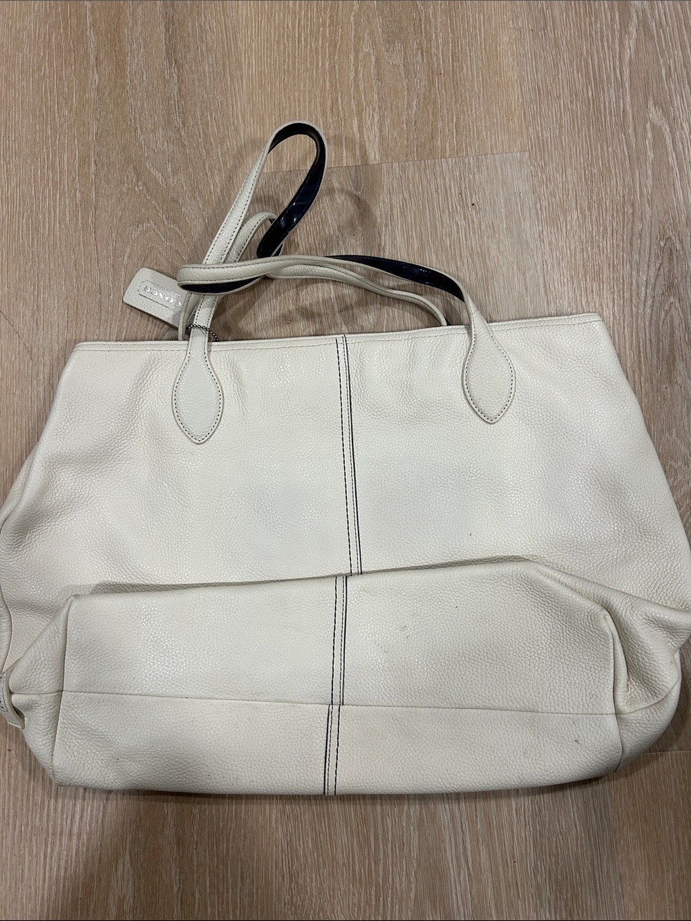 Coach Cream Pebbled Leather Tote with Dark Contrast Handles